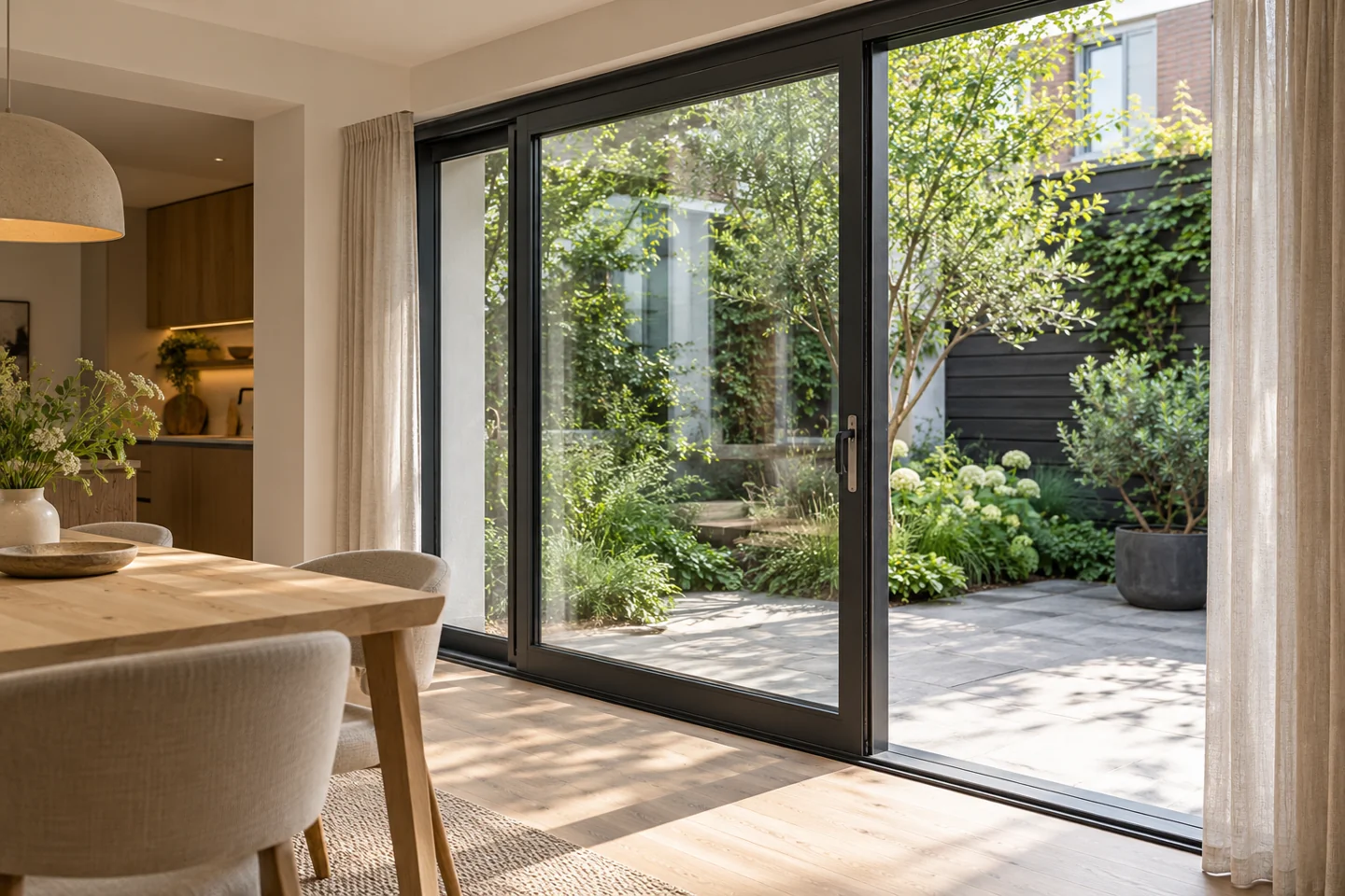 Woonkamer met donkere kozijnen en uitzicht op een groene tuin
